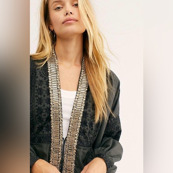 Free People Jasmine Black Embroidered jacket SZ XL - Picture 2 of 8